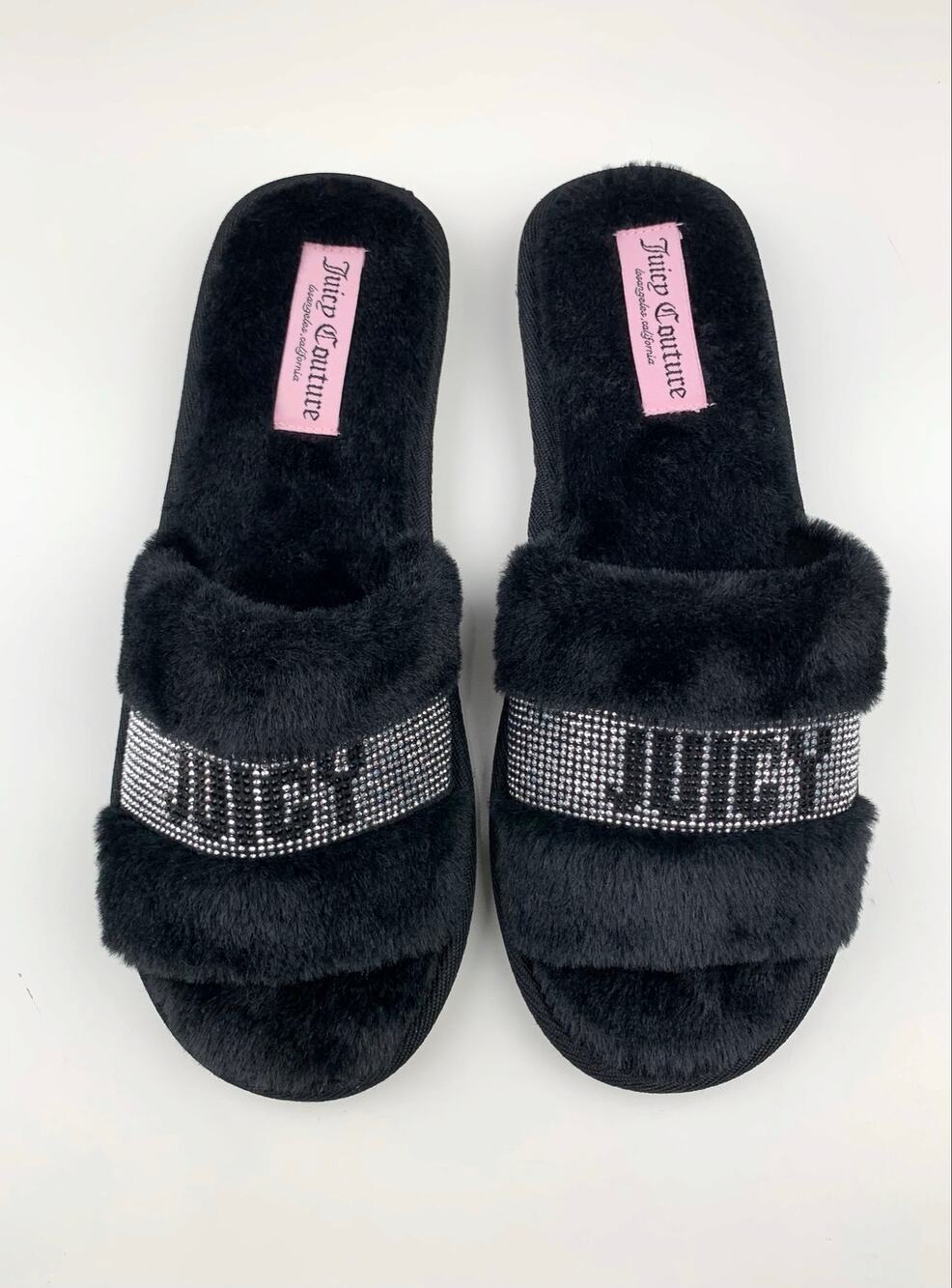 Juicy Couture Hershey Slippers Black Plush Slides Rhinestones Women's 9.5 - 10.5